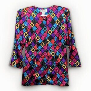 Vintage Blouse‎ 80s Fashion Colorful Diamond Top Long Sleeve Shoulder Pads Glam